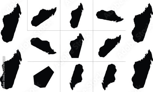 Verschiedene Silhouetten der Insel Madagaskar in unterschiedlichen Ausrichtungen und Perspektiven.