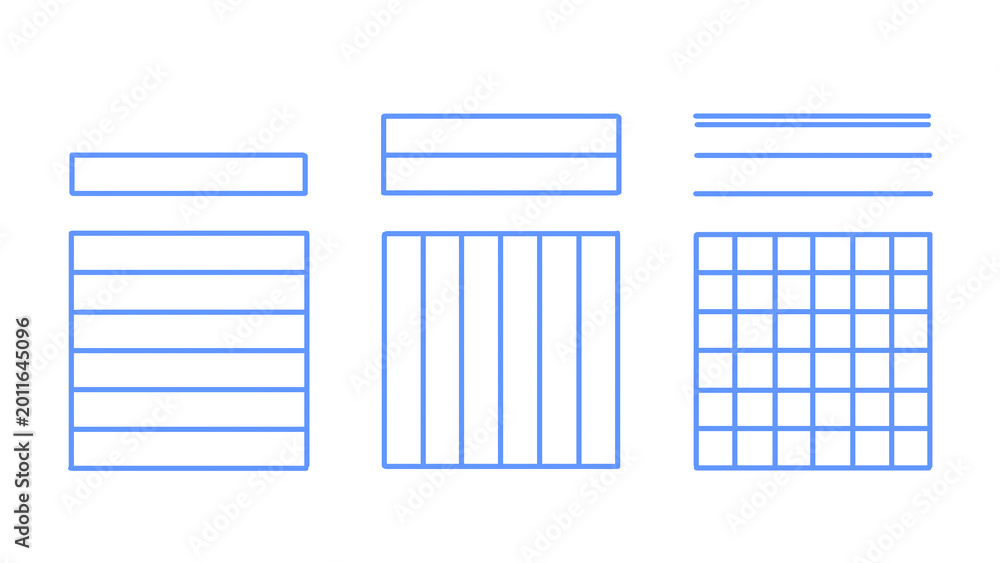 Fototapeta premium Minimalist Vector Illustration of Blue Outline Table Layouts: Responsive Design Grid System Options for Website Framework and Structure, Transparent.