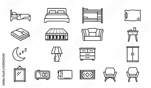 Bild auf Leinwand Bed and bedroom line icon set with furniture sleep elements and editable stroke