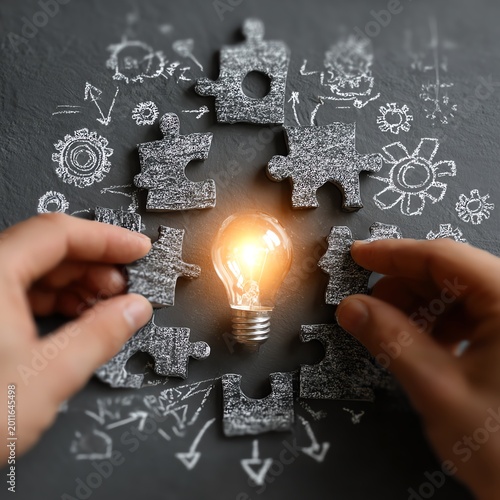 Hands assembling puzzle pieces around a glowing light bulb, representing creativity and problem-solving.