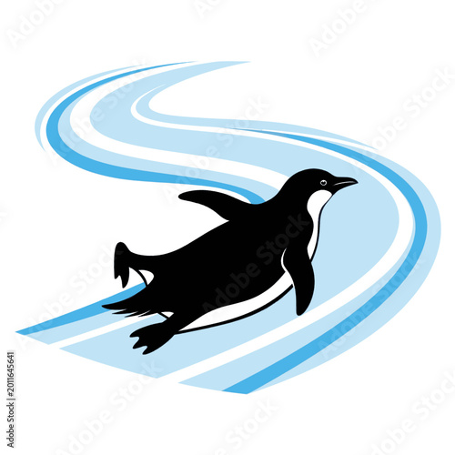 Принти на полотні Penguin sliding down a blue icy slope with white accents, representing speed and motion