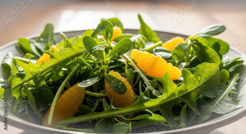 Salad of purslane and dandelion greens with orange segments on a plate featuring fresh, healthy, leafy with vegetables and citrus elements for fruit,