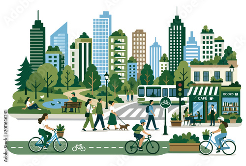 Bild auf Leinwand City Street with Cyclists Walking.