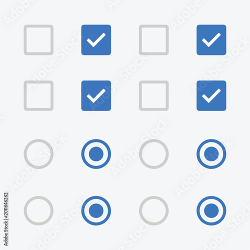 Essential UI Elements Comprehensive Display of Checkboxes and Radio Buttons in Both Selected and Unselected States for Interactive Digital Forms and Web Interfaces