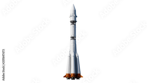 Foto Tall white and orange multi-stage rocket with fins, isolated on transparent back