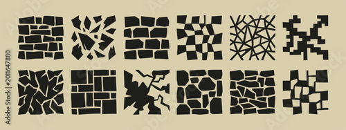 Fényképezés Collection of twelve black abstract geometric square icons featuring cracked sto