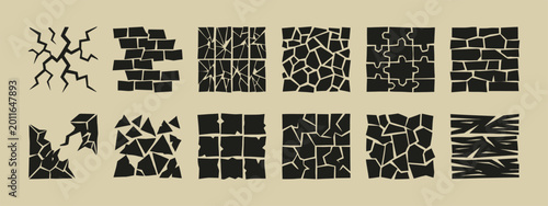 Schilderij op canvas Set of black silhouette icons depicting cracked, broken, shattered, and fragment