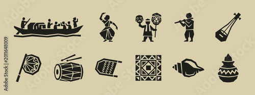 Traditional Bengali folk art icons set including boat dancers musical instruments and cultural symbols