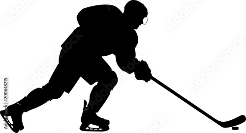 Photography Ice hockey player silhouette skating with stick and puck isolated on white backg