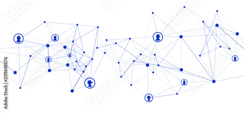 An abstract digital network features blue connecting lines and dots, some with human profile icons, representing global communication, social media, and business connections on a white background.