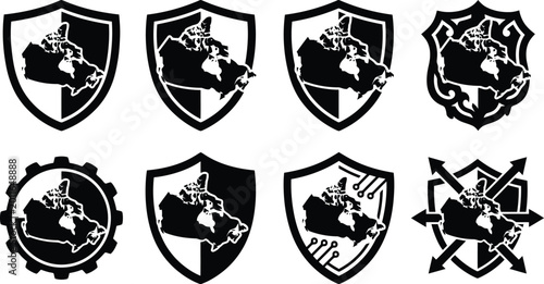 Acht verschiedene Schwarz-Weiß-Embleme mit der Karte Kanadas in Schilden und anderen Formen, darunter Zahnräder und Schaltkreise.