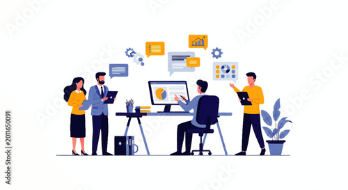 Vector flat design illustration of a diverse team collaborating on a project using a computer and digital tools