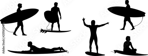 Set of surfer silhouettes carrying boards standing paddling and relaxing poses isolated on white background for beach lifestyle and water sport concepts