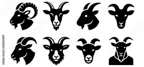 Bild auf Leinwand Collection of goat and ram head silhouettes for farming and wildlife design proj
