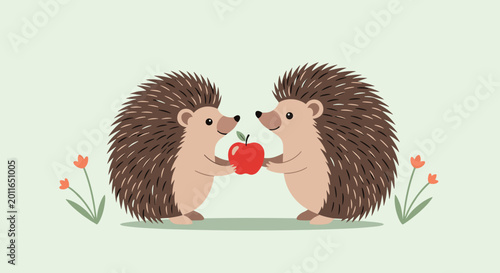 Two cute hedgehogs sharing a red apple vector illustration