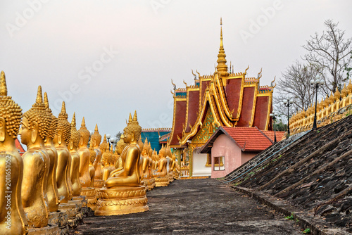 Laos. Golden Buddha statues. Phu Salao temple. Pakse city, Champasak Province, Southern. Travel and tourism in Asia

