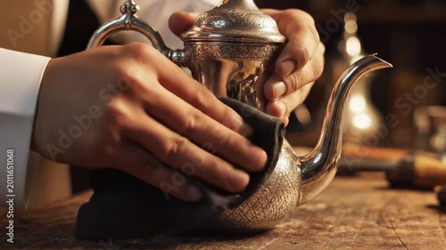 Hands carefully polishing ornate vintage silver teapot with dark cloth, highlighting intricate patterns and reflective surface, traditional craftsmanship