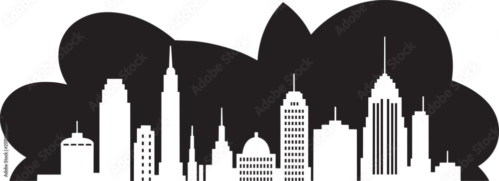 Fototapeta premium Modern cityscape silhouette with tall buildings in front of abstract shapes with modern clean lines