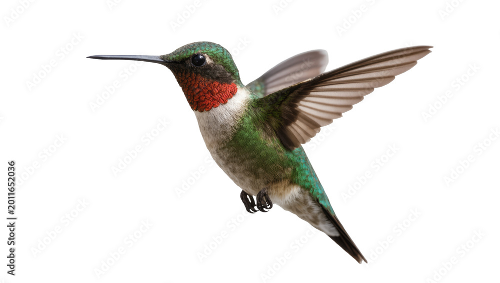 Fototapeta premium Ruby-throated hummingbird with green plumage and red throat, isolated on transparent background