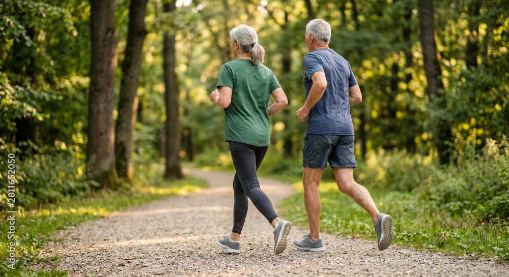 Obraz premium Active senior couple running in sunny green park