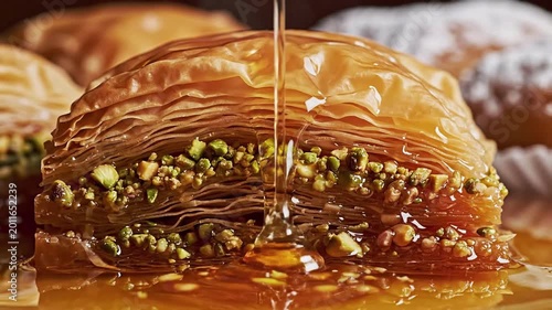 Syrupy baklava dessert with chopped pistachios, golden honey drizzling over flaky layers, sweet pastry perfection