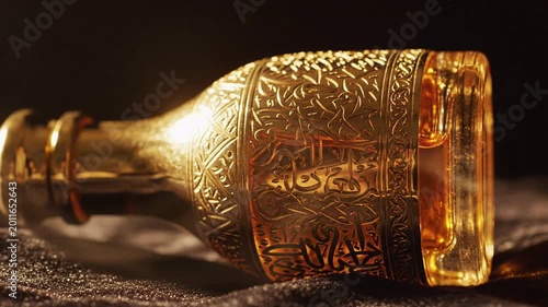 Ornate golden perfume bottle with Arabic calligraphy, luxury fragrance and essential oil, rich amber liquid, elegant Middle Eastern design, shallow depth of field