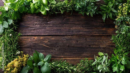 Framework background made of fresh herbs with copy space in the middle