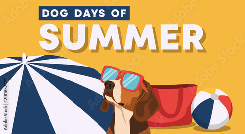 Cute beagle dog in sunglasses and beach accessories enjoys a sunny summer day illustration, depicting leisure and vacation fun