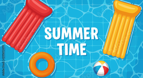 Refreshing vector graphic illustration of a vibrant summer time pool scene featuring colorful floating inflatables and a beach ball on clear blue water, perfect for vacation and leisure concepts