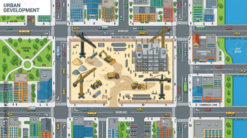 Photos Aerial view of a city block undergoing major construction and urban development