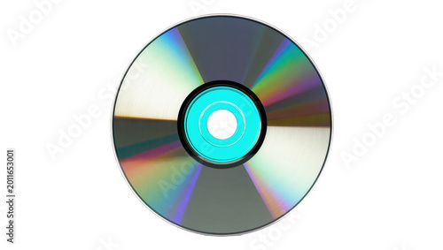 Shiny silver CD disc with cyan center, isolated on transparent background