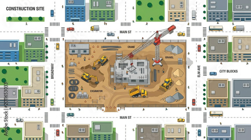 Aerial view of a city block under construction with heavy machinery.