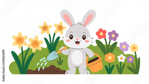 Adorable Rabbit Gardening Scene Bunny with Flowers and Spring Nature Elements