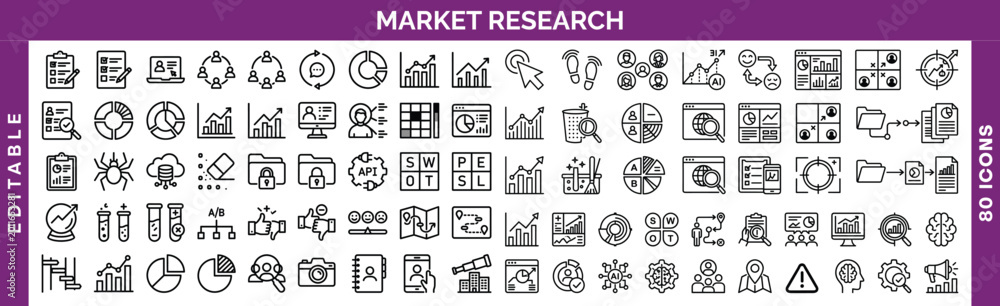Fototapeta premium Market Research Vector Icon Set, 80 Editable Line Icons for Business Analysis and Data Visualization, Modern UI/UX Design Elements