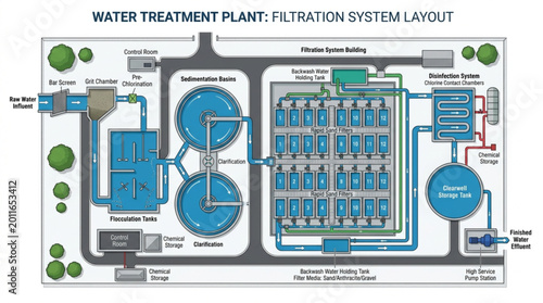 Quadro su tela Water Treatment Plant Filtration System Layout Diagram.
