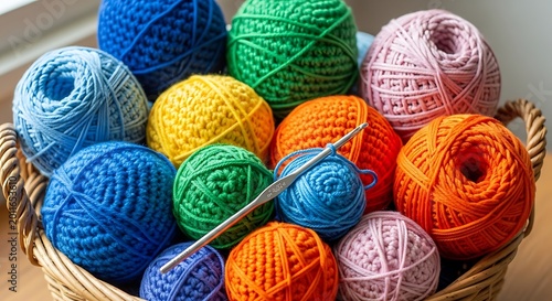 Colorful Yarn Balls and Crochet Hook Arranged in Wicker Basket