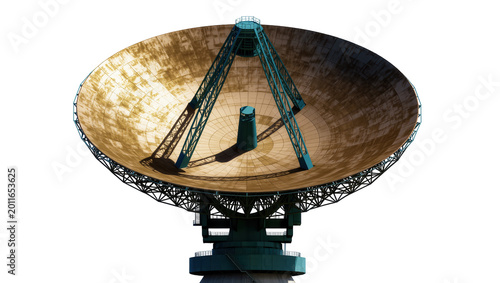 Photos Large parabolic radio telescope dish with teal metal support structure, isolated