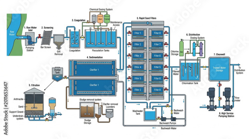 Foto Diagram of a modern water treatment plant facility.