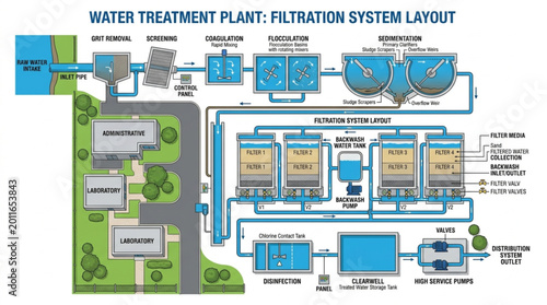 Obraz na płótnie Water Treatment Plant Filtration System Layout Diagram.
