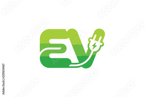 Stylized ev logo featuring a green electric plug and letterforms