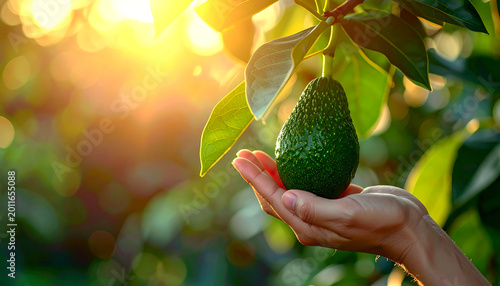 Harvesting organic avocado from the tree with warm natural light and a beautiful bokeh background.