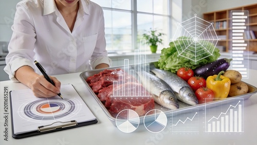 Nutritionist analyzing healthy food ingredients and meat with digital graphs diet planning wellness concept balanced diet research food science data analysis fresh vegetables and