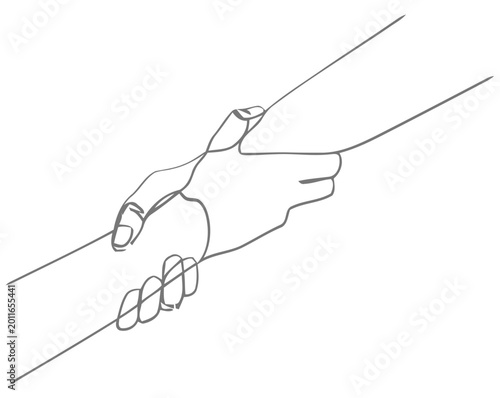 A single line drawing depicts a hand reaching out to grasp another