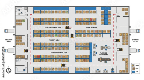 Warehouse floor plan with aisles and storage shelves.