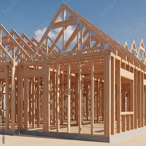 Wooden House Framing Standing on Concrete Foundation at Construction Site
