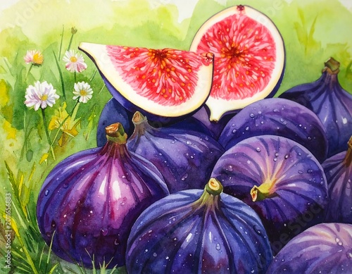 Vibrant Purple Figs with Sliced Fruit Arranged in Watercolor Garden Scene