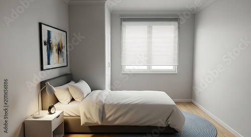Minimal Modern Bedroom with White Bed and Window Blinds in Small Apartment Room