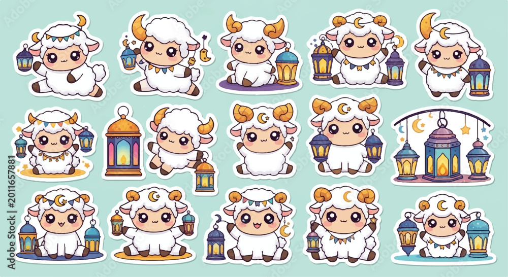Obraz premium Cute cartoon lamb character sticker set with traditional lanterns for ramadan and eid character illustration traditional celebration collection