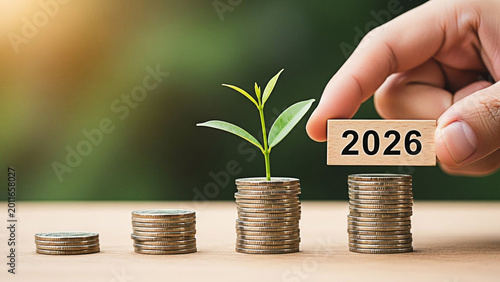 Hand placing a wooden block labeled twenty twenty six on a stack of growing coins