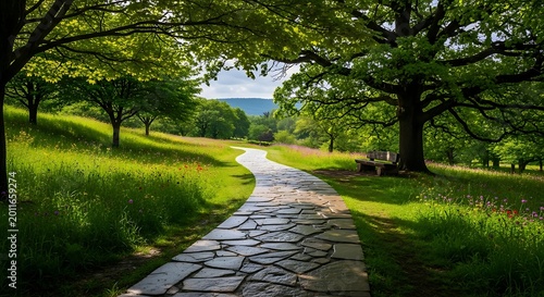 Curving Stone Path Winding Through Lush Green Park Under Mature Trees